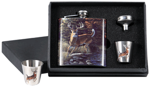 Rivers Edge 988 Pocket Flask with 2 Shot Glasses Whitetail Deer Design