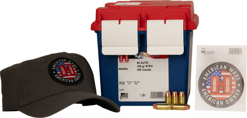 Hornady American Gunner Handgun Ammunition 45 Auto 185GR XTP 970 FPS 250/Ct Loose Ammo Can with Hat/Sticker