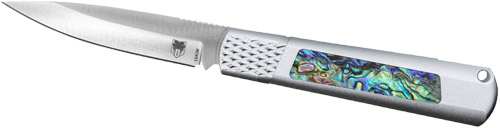 Cobratec CTGSHRABA154 Gideon Hidden Release 3" Abalone Inserts Knife - CobraTec Knives