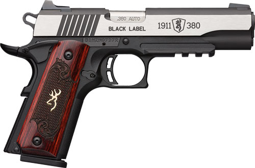 Browning 1911 380 Black Label Medallion Pro Handgun 380 ACP 8RD Magazine 4.25" Barrel Black with Silver Slide and Wood Grip 3-Dot Sights Accessory Rail