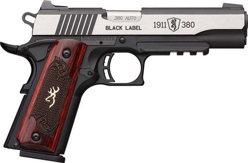 Browning 1911 380 Black Label Medallion Pro Handgun 380 ACP 8RD Magazine 4.25" Barrel Black with Silver Slide and Wood Grip Night Sights Accessory Rail