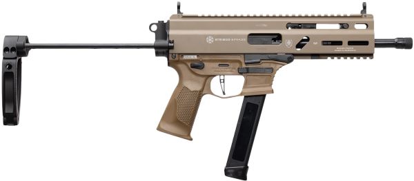 Grand Power Stribog SP9A3G Pistol - FDE | 9MM | 8" Threaded Barrel | 30RD | Utilizes Glock Style Mags | PDW Brace W/ Tailhook