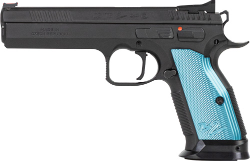 CZ-USA CZ-USA 91222 TS 2 40 S&W 17+1 5.28" Black Steel Barrel, Black Serrated Steel Slide, Black Polycoat Steel Frame w/Beavertail, Blue Checkered Aluminum Grip,