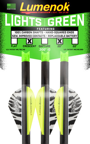 Lumenok LEMENOK XBOW Arrow 20" Carbon Green Lighted NOCK Crescent 3Pk