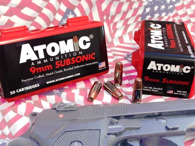 Atomic 438 Subsonic Bonded Match Hollow Point 147 Grain 9mm Luger/Parabellum 900 Fps mic 438 Subsonic Bonded Match Hollow Point 147 Grain 9mm Luger/Parabellum 900 Fps Ammo