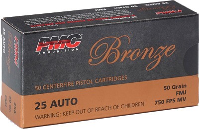 PMC Bronze .25 AUTO 50gr FMJ Centerfire Handgun Ammunition