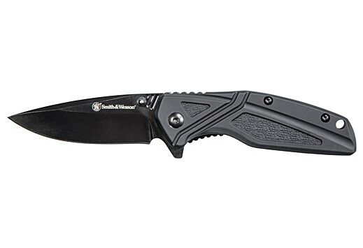 S&W KNIFE BLACK RUBBER 3" BLK OXIDE BLADE W/POCKET CLIP